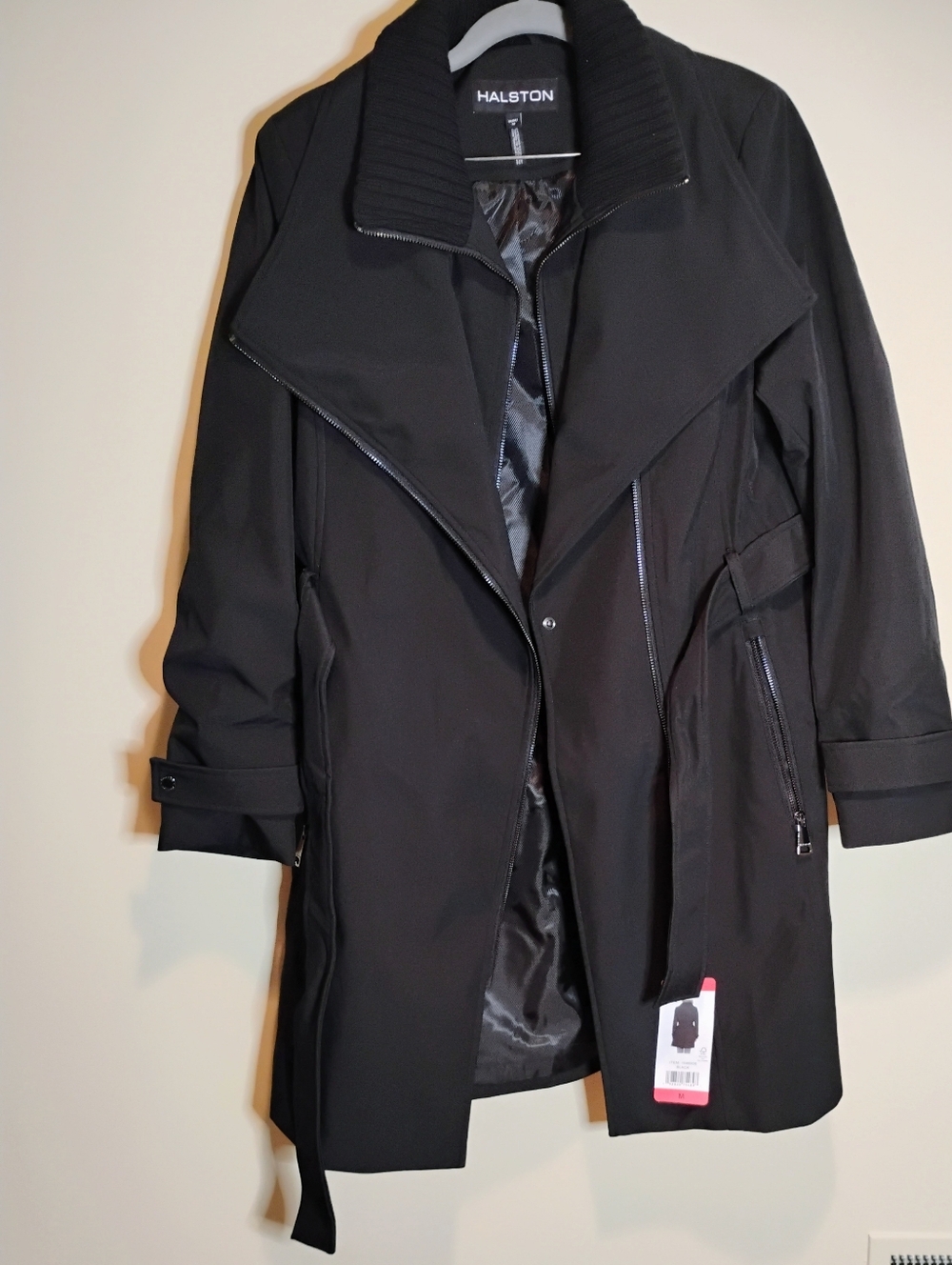 Halston Black Belted Trench Coat Zippered Bib, Front, & Pockets M